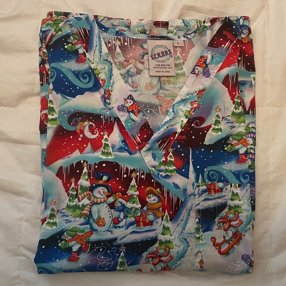 Snowman Christmas Scrub Top Size L